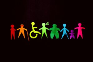 A rainbow colored work of art depicting different individuals